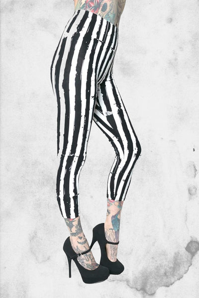 beetlejuice themed white and black striped leggings