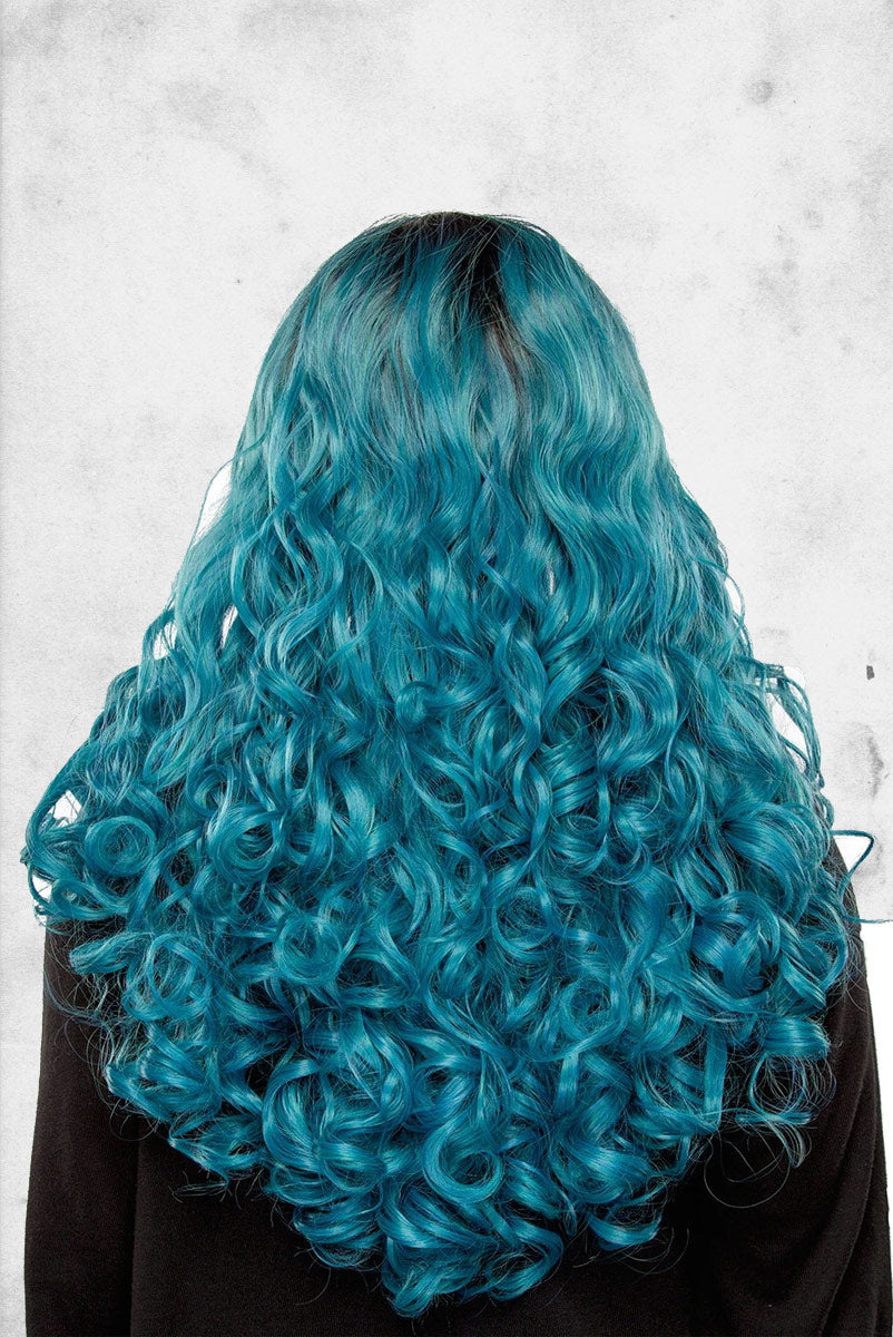 Curly Dark Roots Turquoise Mix Wig