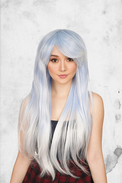 white and blue cosplay wig