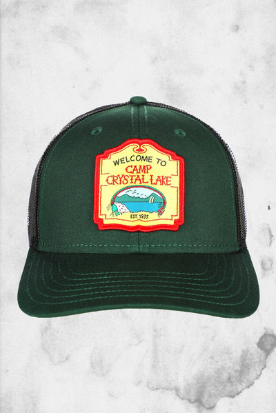 horror themed Friday the 13th Camp Crystal Lake Patch Trucker Hat
