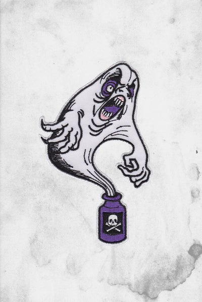 poison ghost bottle iron on patch sourpuss