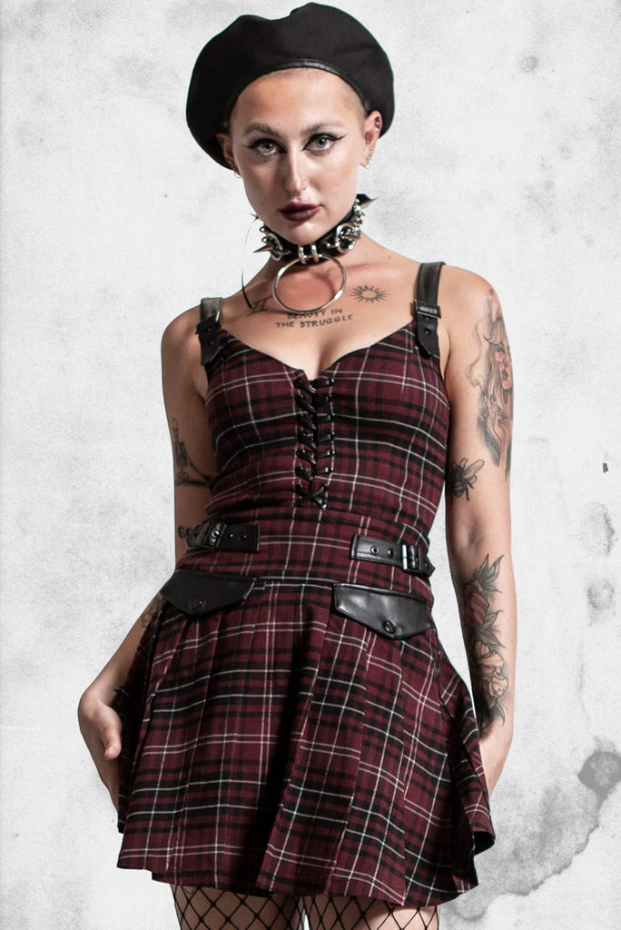 Plaid Punk Mini Dress with Buckles & Lacing, Pretty Attitude