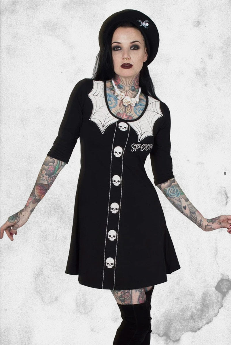horror movie dress to impress Spooky Girl 3/4 Sleeve Flare Dress – Post Mortem Horror Bootique